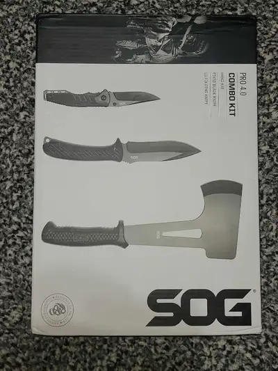 Hi I have a new Unopened SOG Pro 4 Kit for sale. Includes: fixed blade knife, switch blade and a axe...