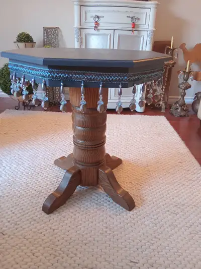 Refinished Vintage Wooden Pedestal Side Table Hexagon Top Boho Fringe Detail 23" tall Side Table End...
