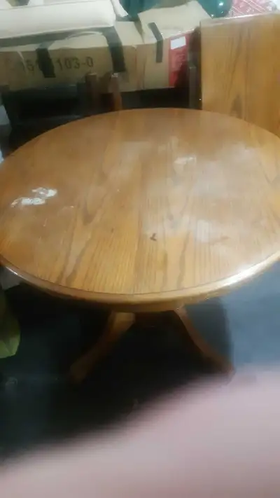 oak diningroom table with leaf and 3 oak chairs, View more