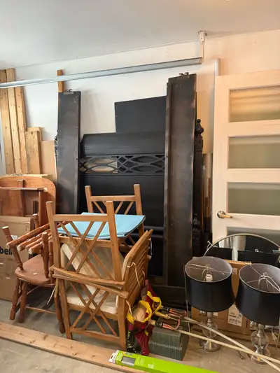 queen size bed frame black, lamps, vintage teak chairs, wood, View more