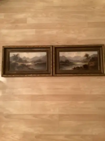 Pair of H. Williams 19th century oil on canvas semi mirrored landscape paintings. 1 has a man in it...