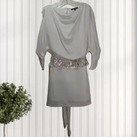 M | Rhinestone Belted Open-Back Blouson Dress