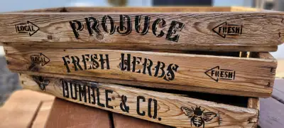 Located in Windsor. $20 each. Offering three old vegetable/ fruit trays with new stenciling, new har...