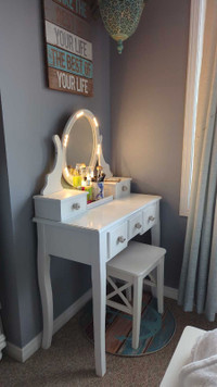 white vanity customized with lights