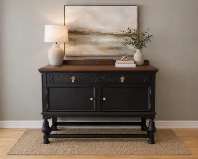 ✨ Black & Wood Sideboard – Solid Wood with Carved Details✨, View more