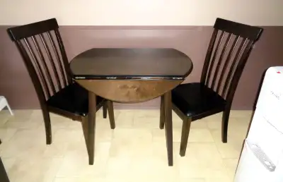 ROUND WOODEN DROP LEAF TABLE & CHAIRS, View more
