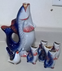 Vintage Russian Porcelain Fish Decanter & 5 Shot Glasses