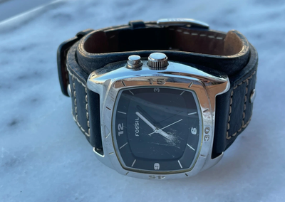 2 WATCHES:  FOSSIL WATCH QUARTZ BLACK LEATHER & OLSEN WATCH, View more