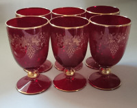 Vintage Bohemian Ruby Red/Gold Etched Grape Vines Glasses