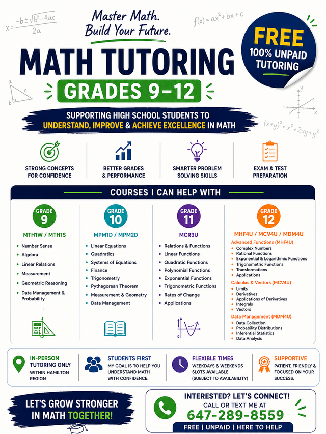 FREE Math Tutoring | Grades 9–12 | Hamilton, Ontario
