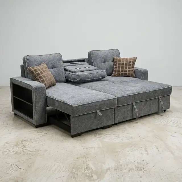 Brand New Reversible Sofa Bed with Storage, Cup Holders ,Charger