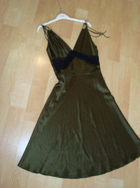 Miguelina silk dress $75 medium, dark olive colour with black