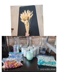 Decor items: vases, candles, glass stones and dried bunny tails