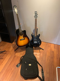 2 guitars, 2 stands, 1 electric guitar bag