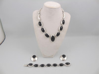 Solid Sterling Silver Black Onyx Necklace and Earrings Set