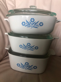 Corning Ware dishes with lids, blue cornflower set
