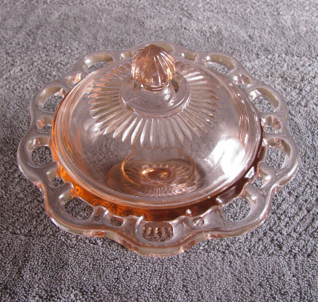 Pink Depression Glass Open Lace Edge Compote & Flower Frog 2 Lot in Arts & Collectibles in Saint John - Image 3
