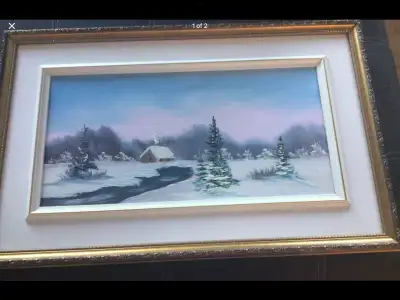 Winter Cabin Scene Oil on Canvas Painting beautifully framed, View more