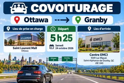 COVOITURAGE OTTAWA → GRANBY Lieu de prise en charge : Saint-Laurent Mall, au guichet ATM TD, à côté...