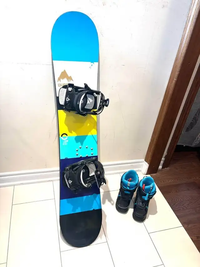 snowboard boots, $120. burton snowboard 140cm with FLOW bindings