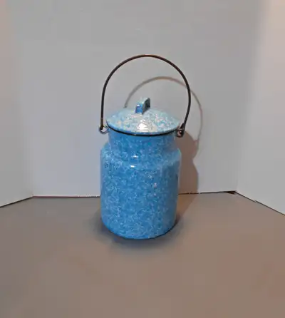 Vintage Light Blue Granitware Speckle-ware Jug w Lid and Handle Slightly Shabby Really nice looking...