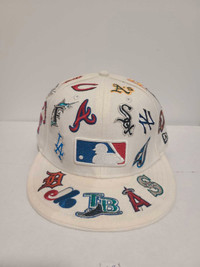 MLB All Over Logo Hat Fitted Mens 7 3/8 White New Era Mixed Team