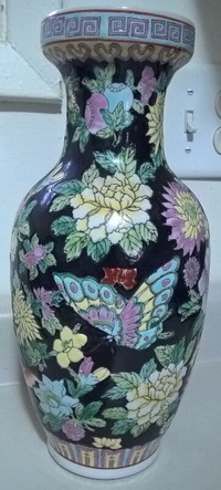Vintage Famille Rose Noire Porcelain Vase w/ Butterflies Flowers