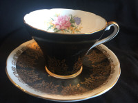 Royal Stafford Black Teacup Set, Gold Detailing, Floral Pat 2104