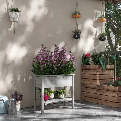 36"x16"x32", Wooden Grey Elevated Planter Box with Storage Shelf, View more