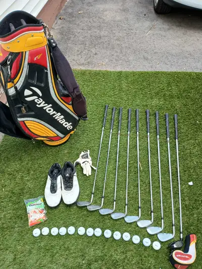 Clubs have been used 5 times . Comes with everything in the pictures size 10 adidas golf shoes 14 ba...