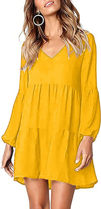 Boho V-Neck Long Sleeves Tiered Short Dress - Yellow
