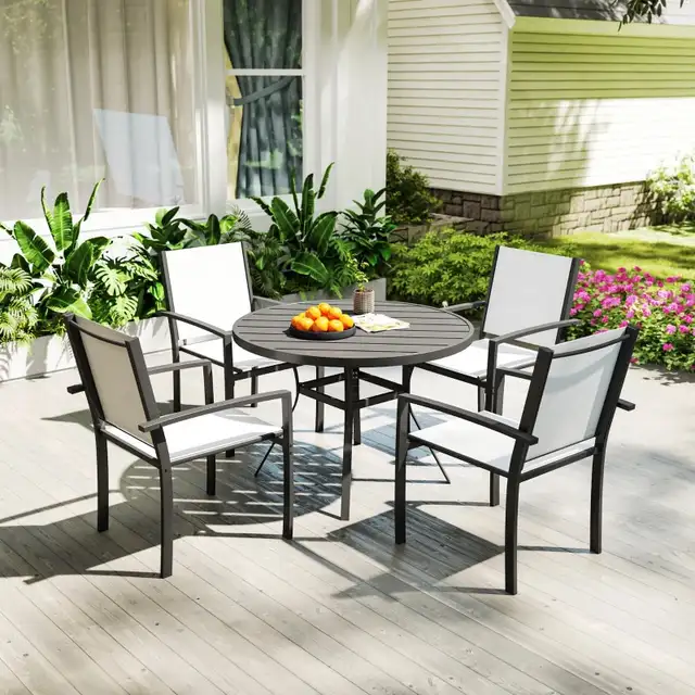 5 Piece Outdoor Dining Set with Round Table and 4 Stackable Chai in Patio & Garden Furniture in Markham / York Region - Image 9