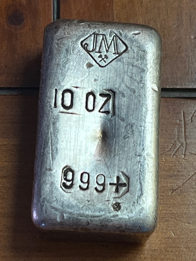 10 oz JM Johnson Matthey 999 Poured Vintage Silver Bar. Estimated Mintage less than 2000 It is a Rar...