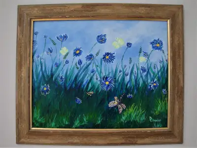 Acrylic painting, Blue Flax Flowers, View more
