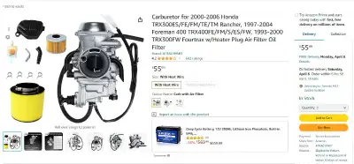 Carburetor for 2000-2006 Honda TRX300ES/FE/FM/TE/TM Rancher, 1997-2004 Foreman 400 TRX400FE/FM/S/ES/...