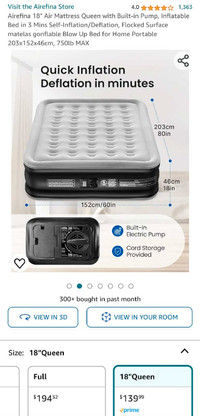 [BRAND NEW] 18" Queen Size Air Mattress with Built-In Pump