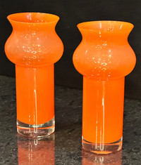 Vintage Pair of Swedish Handblown Vibrant Orange Glass Vases