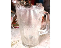 Vintage heavy ribbed glass pitcher 10" tall