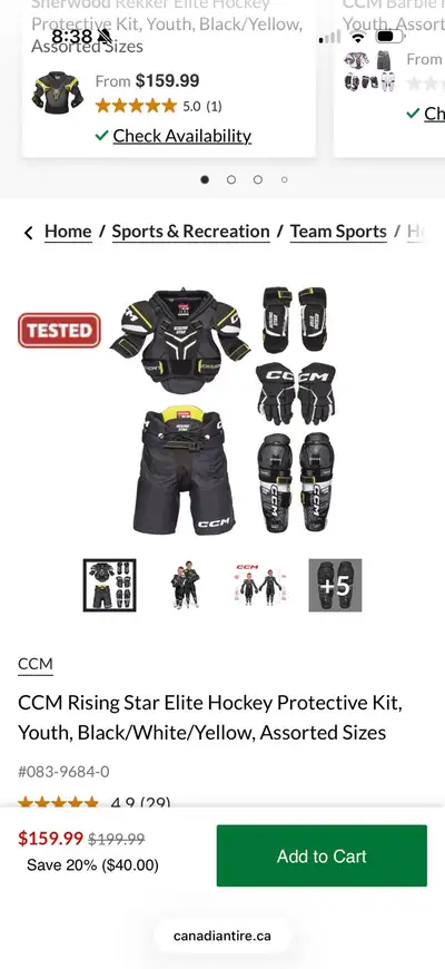 CCM Rising Star Elite Youth Hockey Protective Gear Set Large, View more