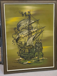 Vintage Oil Painting Pirate Schooner Ship Signed Tamir
