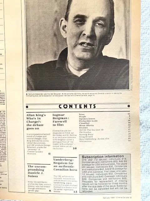 Rare Cinema Canada Magazine 104 February 1984, Ingmar Bergman63005668094337121