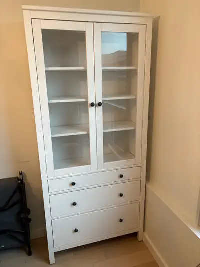 Glass-door cabinet with 3 drawers, white stain, View more