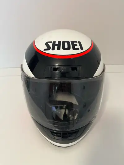 Vintage Shoei X-8 full-face helmet, made in Japan circa 1989. Classic black, white, and red racing d...