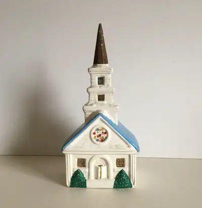 Vintage Ceramic 14.25" Church With Faux Stained Glass Windows, View more