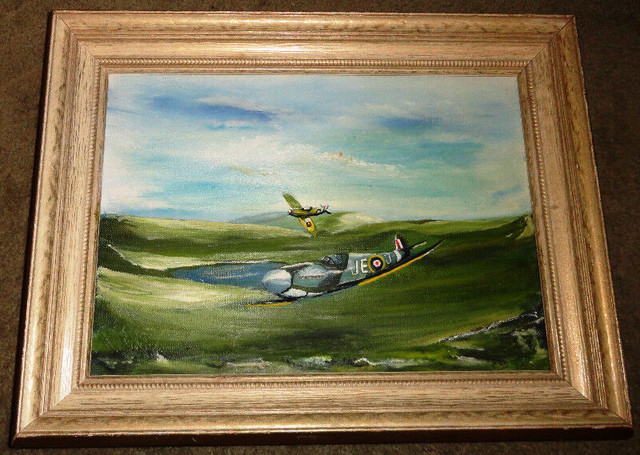 WW2 Spitfire Airplane Acrylic Painting Angels Over Dover 10 x 14 dans Art et objets de collection  à Région des lacs Kawartha