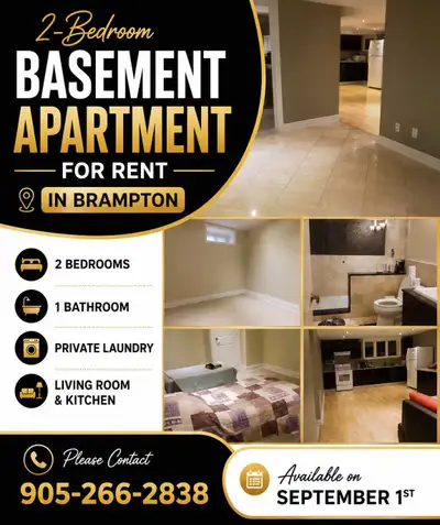 This clean and well-maintained 2-bedroom, 1-bathroom basement apartment in Brampton features a spaci...