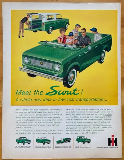“Meet the Scout! A whole new idea in low-cost transportation….” Dimensions: 10 1/4 inches wide by 13...