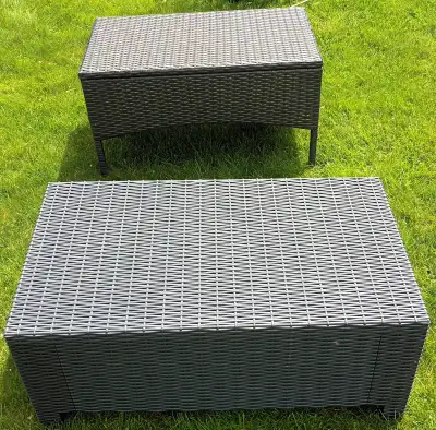 2 NEW Grey Plastic Wicker Rattan Patio Tables, View more