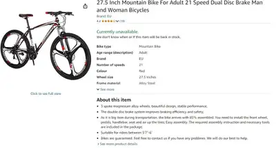 27.5" Adult EUROBIKE Mountain bike 21 Speed., View more