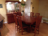 Dining Table with Inserts, Buffet, Hutch, and 6 Chairs - Cherry